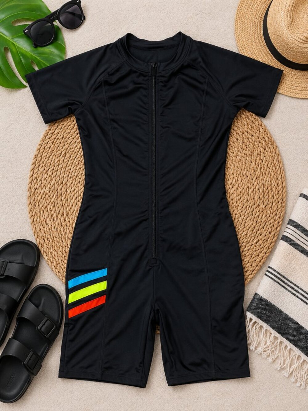 TomboyX Black Zip Front One Piece Swimsuit Rainbow Stripe XL